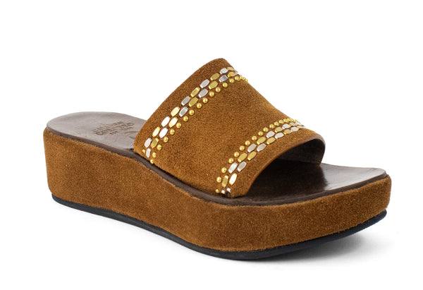 calleen cordero Dhana Platform Cognac Suede w/ Brass & Nickel Art