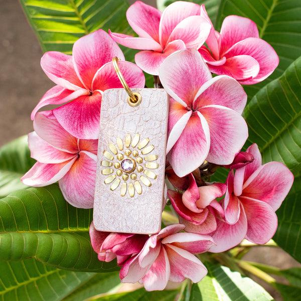 Calleen Cordero Diamond Swarovski Crystal Keychain Pink Pearl Cracked Leather W/Brass Art