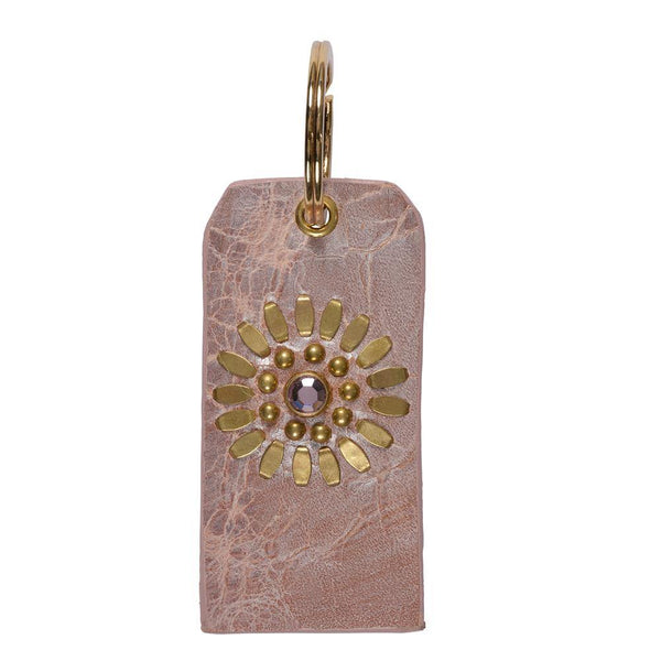 calleen cordero Diamond Swarovski Crystal Keychain Pink Pearl Cracked Leather w/Brass Art
