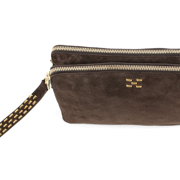 Calleen Cordero Duble Messenger Chocolate Suede W/ Brass