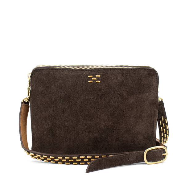 calleen cordero Duble Messenger Chocolate Suede w/ Brass calleen cordero Duble Messenger Chocolate Suede w/ Brass