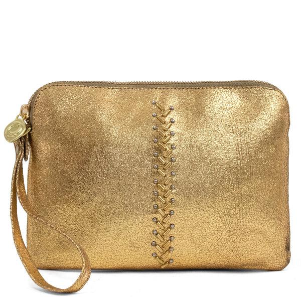 Calleen Cordero Emu Kiva Wristlet Clutch Aqua Rust W/ Nickel & Copper Art