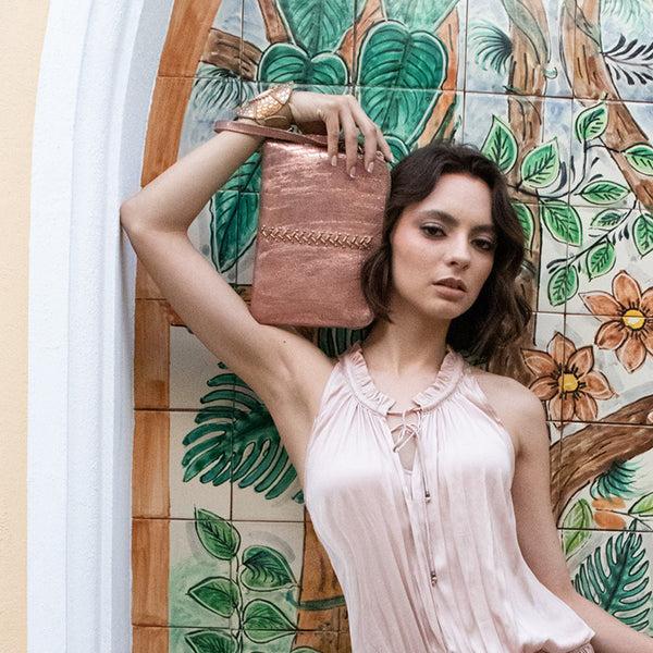 Calleen Cordero Emu Kiva Wristlet Clutch Aqua Rust W/ Nickel & Copper Art