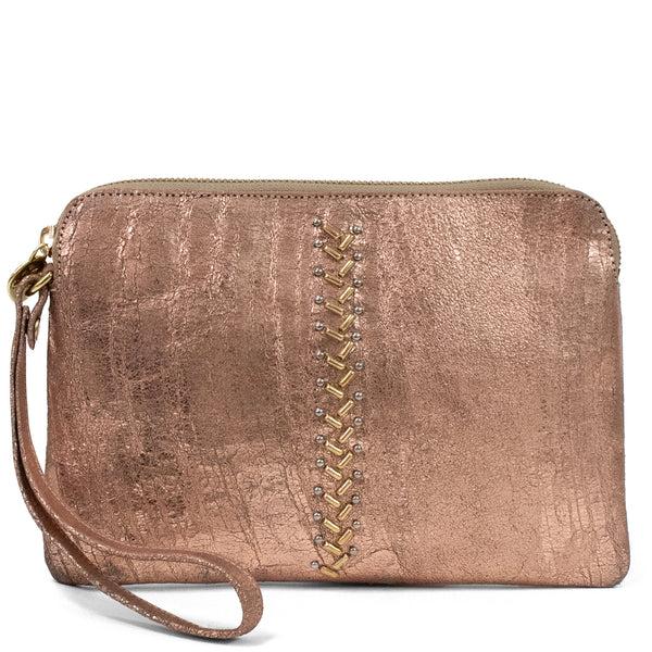 calleen cordero Emu Kiva Wristlet Clutch Aqua Rust w/ Nickel & Copper Art