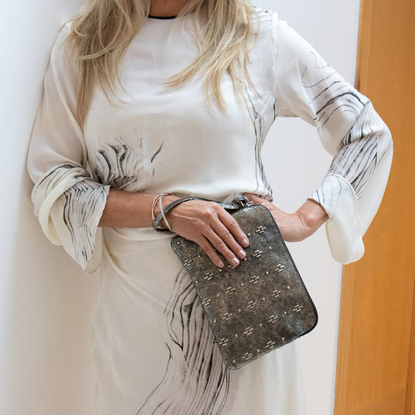 Calleen Cordero Emu Monica Wristlet Clutch Olive Lunar W/ Brass Art