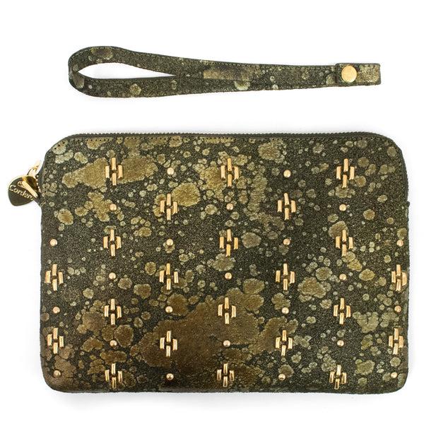 Calleen Cordero Emu Monica Wristlet Clutch Olive Lunar W/ Brass Art