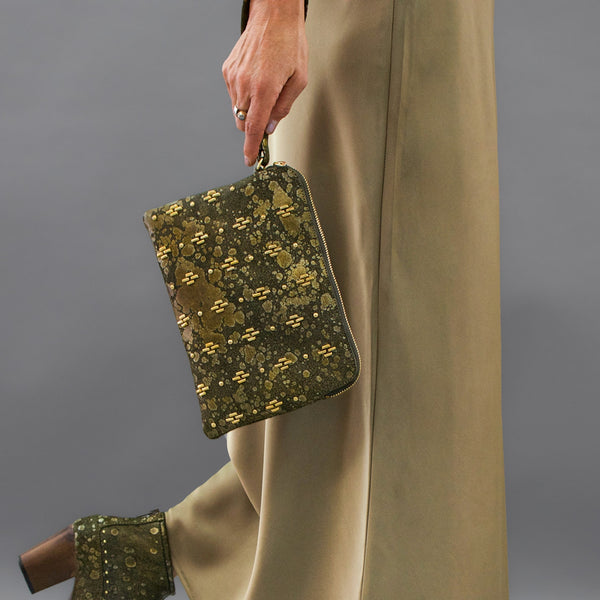 Calleen Cordero Emu Monica Wristlet Clutch Olive Lunar W/ Brass Art