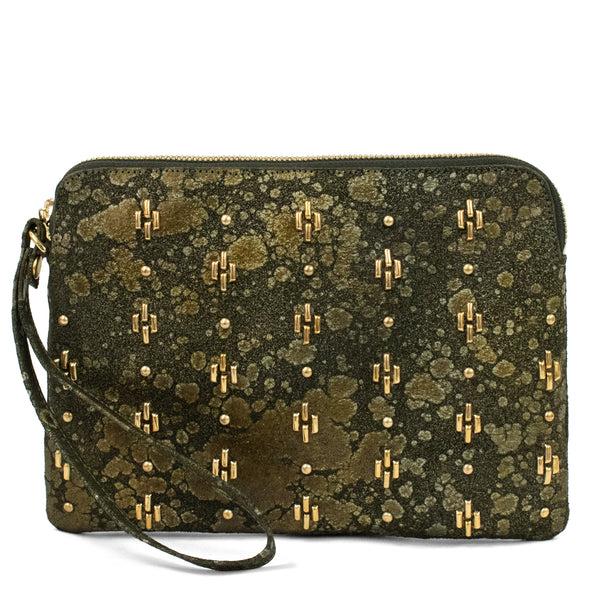 calleen cordero Emu Monica Wristlet Clutch Olive Lunar w/ Brass Art