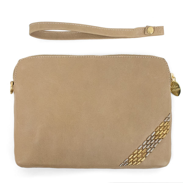 Calleen Cordero Emu New Wristlet Clutch Shell Belmont W/ Brass & Nickel Art