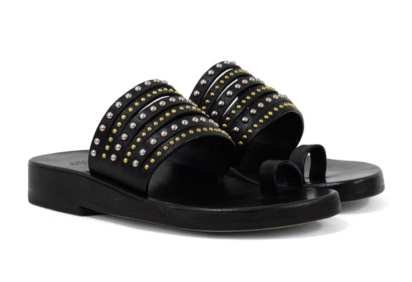 Calleen Cordero Enya Wedge Sandal Black Leather W/ Nickel & Brass Art