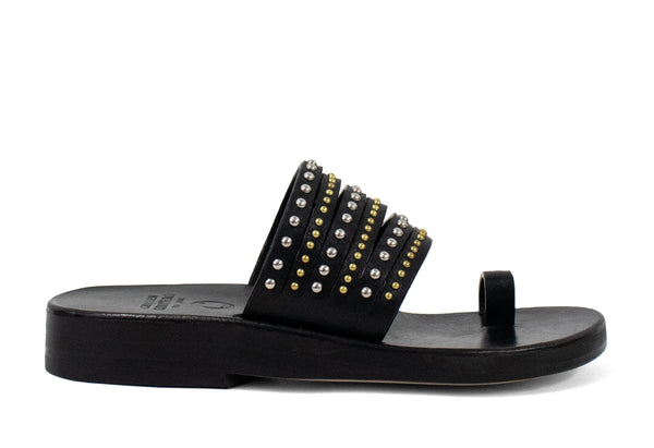 Calleen Cordero Enya Wedge Sandal Black Leather W/ Nickel & Brass Art