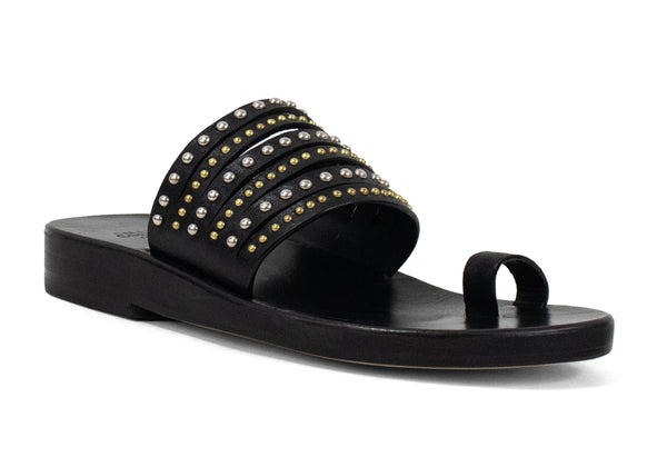 calleen cordero Enya Wedge Sandal Black Leather w/ Nickel & Brass Art