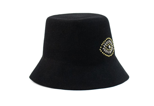 Calleen Cordero Evil Eye Bucket Hat Black Wool W/ Brass & Nickel Art