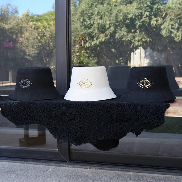 Calleen Cordero Evil Eye Bucket Hat Black Wool W/ Brass & Nickel Art