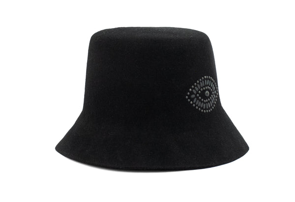 Calleen Cordero Evil Eye Bucket Hat Black Wool W/ Brass & Nickel Art