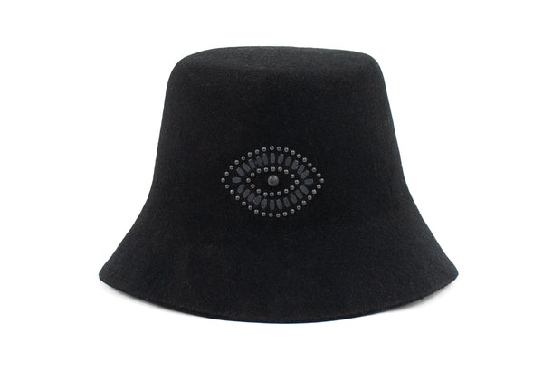 calleen cordero Evil Eye Bucket Hat Black Wool w/ Brass & Nickel Art