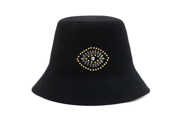 calleen cordero Evil Eye Bucket Hat Black Wool w/ Brass & Nickel Art