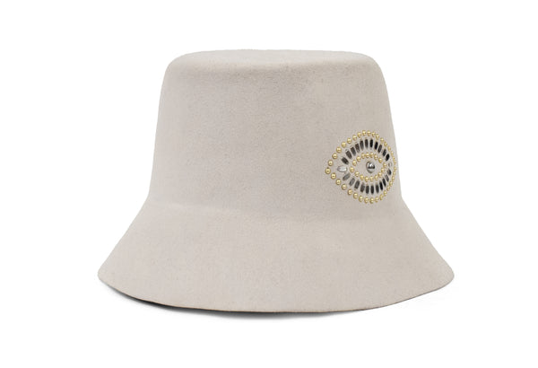 Calleen Cordero Evil Eye Bucket Hat White Wool W/ Brass & Nickel Art