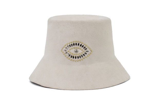 calleen cordero Evil Eye Bucket Hat White Wool w/ Brass & Nickel Art
