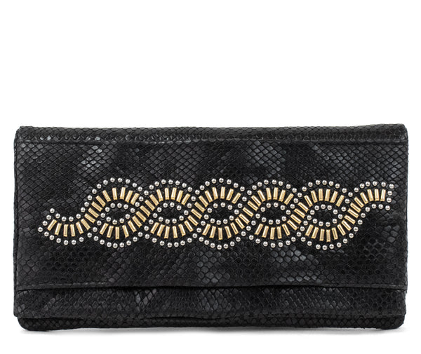 Calleen Cordero Fava Topaz Clutch Linen Lizard W/ Brass & Nickel Art