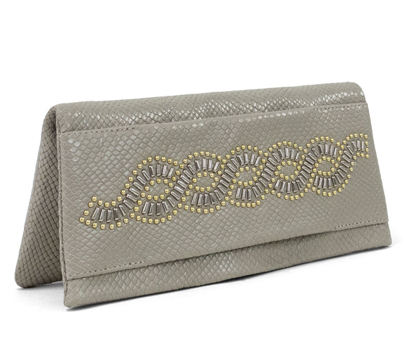 Calleen Cordero Fava Topaz Clutch Linen Lizard W/ Brass & Nickel Art