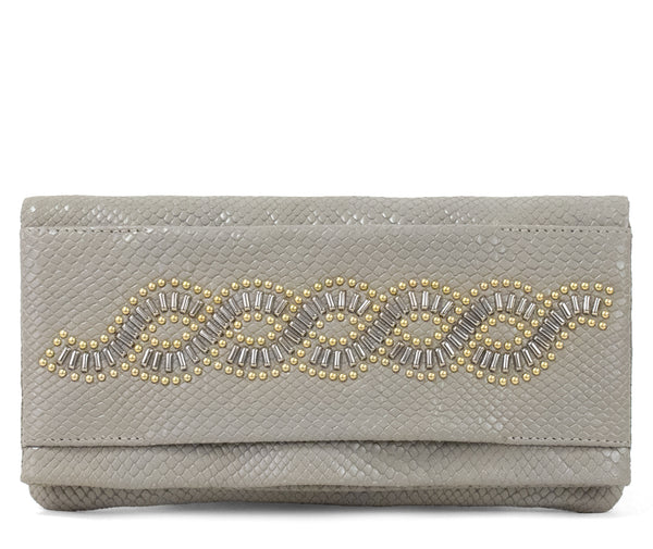 calleen cordero Fava Topaz Clutch Linen Lizard w/ Brass & Nickel Art