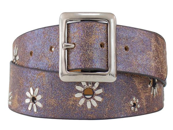 Calleen Cordero Flora 1.5"Belt White Pearl Cracked W/ Brass Art