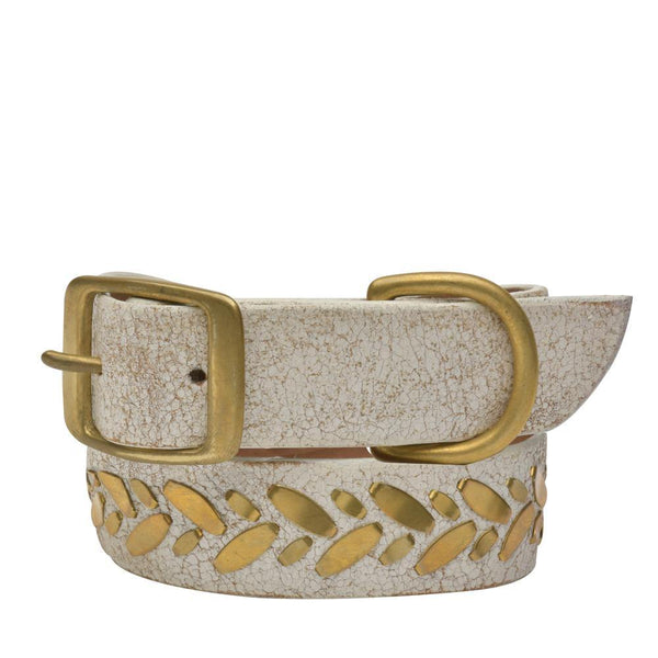 calleen cordero Fresa 19" Dog Collars White Cracked Leather w/ Brass Art