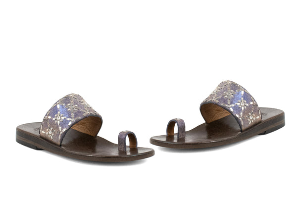 Calleen Cordero Frida Sandal Blue Pearl Cracked W/ Nickel Art