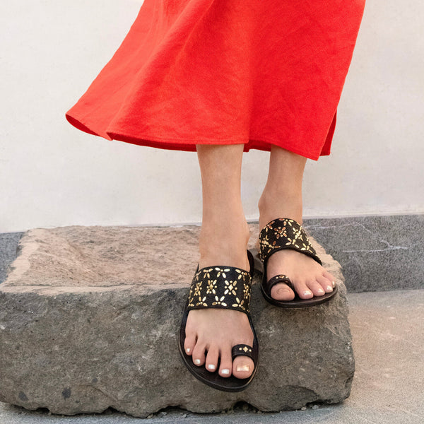 Calleen Cordero Frida Sandal Brown Oyster W/ Brass Art
