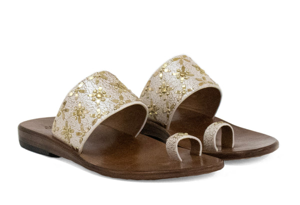 Calleen Cordero Frida Sandal White Pearl Cracked W/ Brass Art