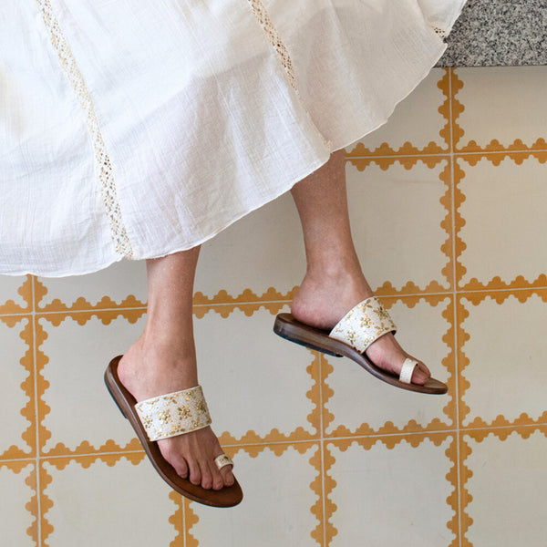 Calleen Cordero Frida Sandal White Pearl Cracked W/ Brass Art