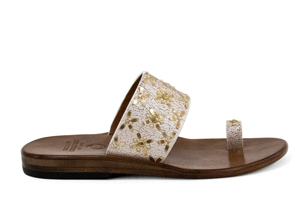 Calleen Cordero Frida Sandal White Pearl Cracked W/ Brass Art