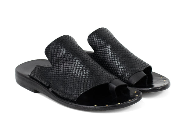 Calleen Cordero Hala Sandal Black Lizard W/ Brass Art