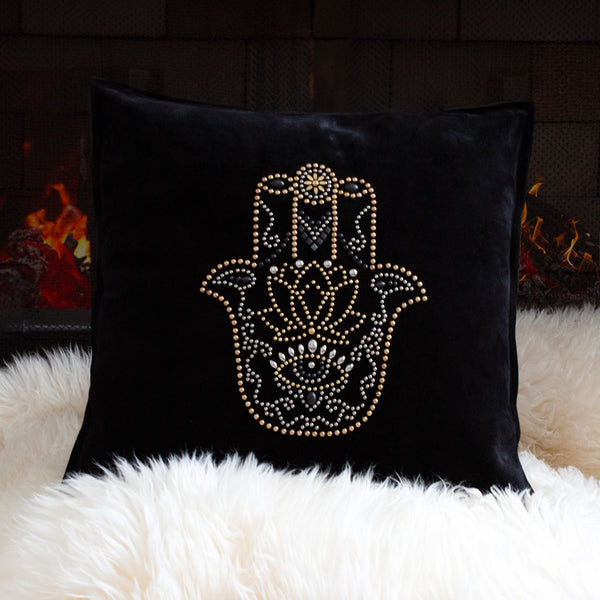 Calleen Cordero Hamsa Hand Pillow (Includes Pillow Insert) 20" X 20" Black Suede W/ Brass Nickel & Black Art