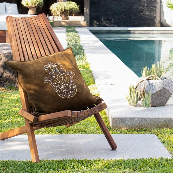 Calleen Cordero Hamsa Hand Pillow (Includes Pillow Insert) 20" X 20" Moss Green Suede W/ Brass. Nickel & Black Art