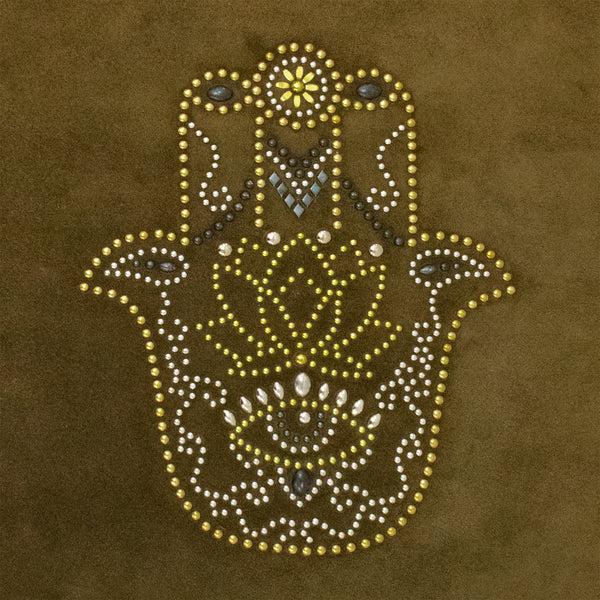 Calleen Cordero Hamsa Hand Pillow (Includes Pillow Insert) 20" X 20" Moss Green Suede W/ Brass. Nickel & Black Art