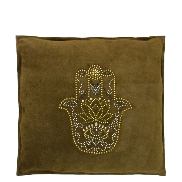 calleen cordero Hamsa Hand Pillow (Includes pillow insert) 20" x 20" Moss Green Suede w/ Brass. Nickel & Black Art