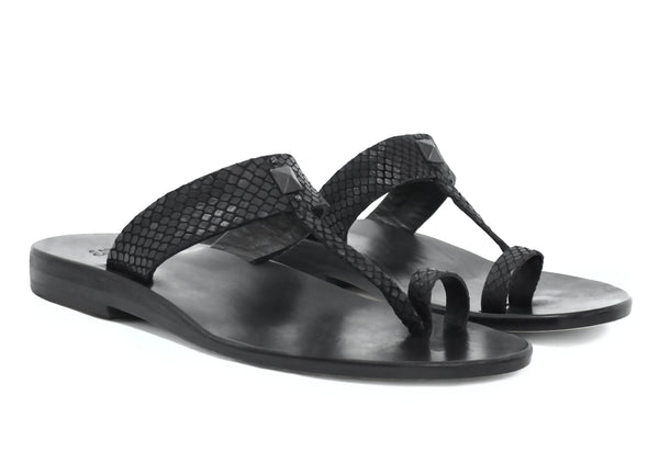 Calleen Cordero Han Sandal Black Embossed Lizard W/ Black Art