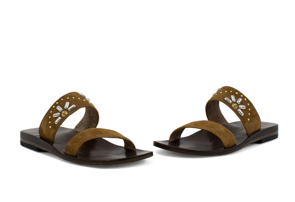 Calleen Cordero Haz De Luz Sandal Desert Sand Suede W/ Brass & Nickel Art