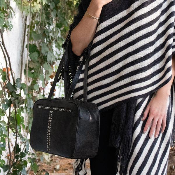 Calleen Cordero Hilton Handbag Navy Suede W/ Nickel Art