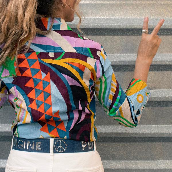 Calleen Cordero Imagine Peace Circle Buckle 1.75" Belt Hueso Nappa W/ Brass & Nickel Art