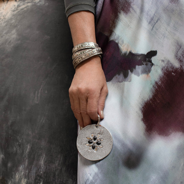 Calleen Cordero Iris Semi - Precious Stone Keychain Pearl Jasper W/ Brass & Nickel Art