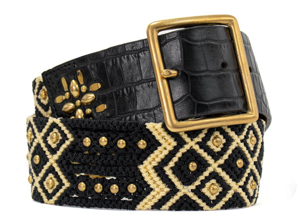 Calleen Cordero Jorga 1.75" Woven Belt Black Embossed Lizard W/ Nickel Art