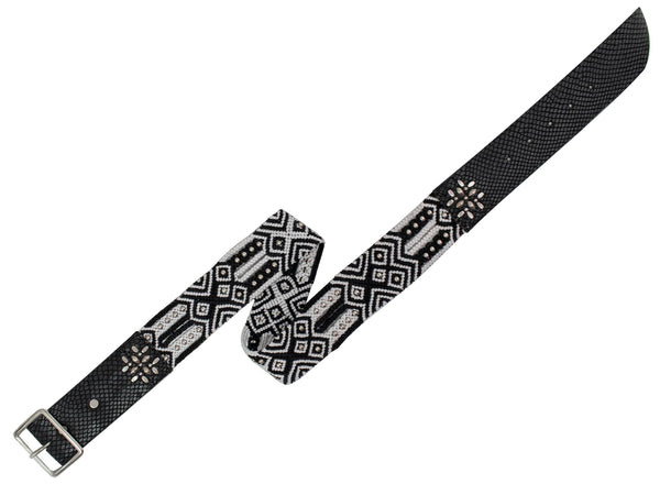 Calleen Cordero Jorga 1.75" Woven Belt Black Embossed Lizard W/ Nickel Art