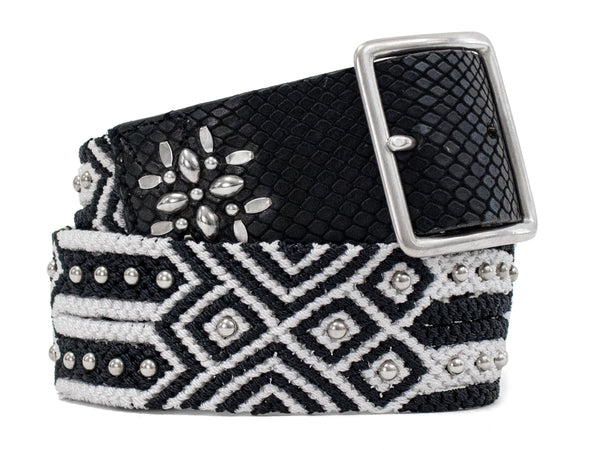 calleen cordero Jorga 1.75" Woven Belt Black Embossed Lizard w/ Nickel Art