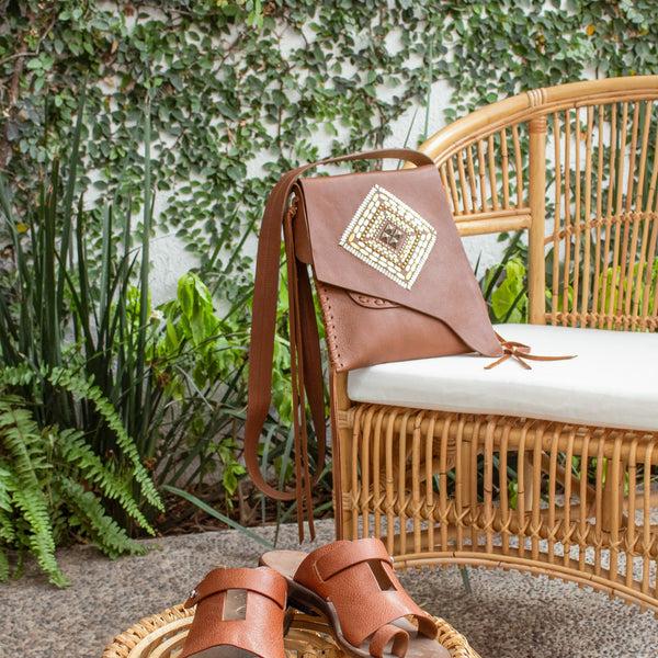 Calleen Cordero Joyti Messenger Cognac Nappa W/ Brass & Nickel Art