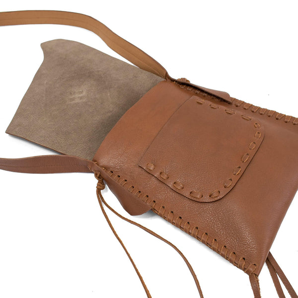 Calleen Cordero Joyti Messenger Cognac Nappa W/ Brass & Nickel Art