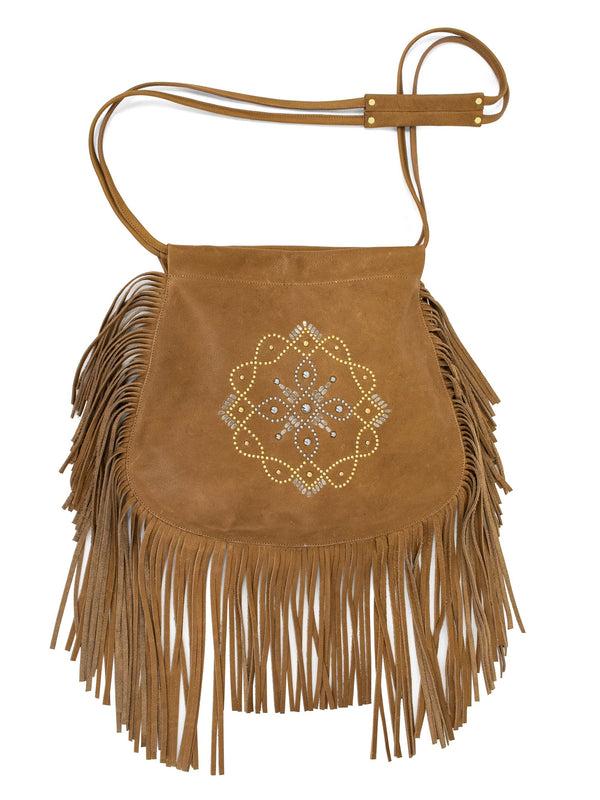 Calleen Cordero Kaia Fringe Large Messenger Rose Cabra W/ Nickel & Brass Art