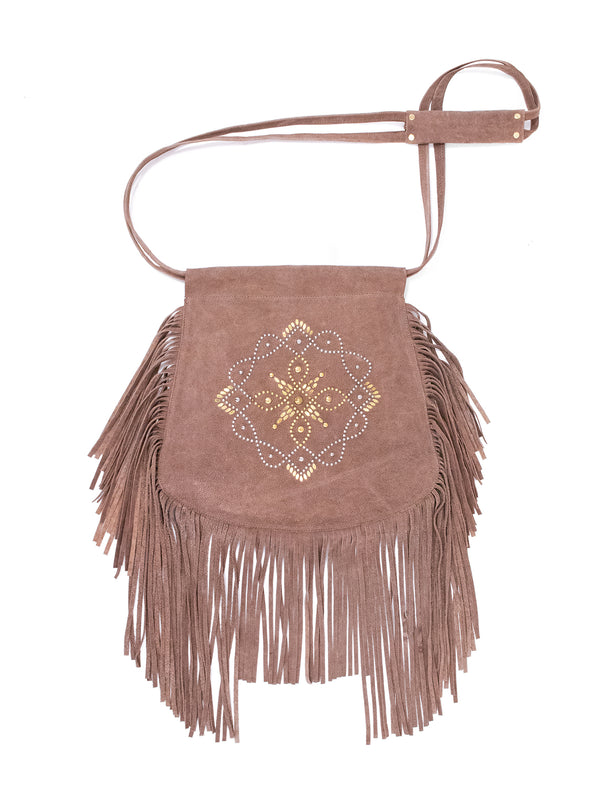 Calleen Cordero Kaia Medium Fringe Messenger Sedona Leather W/ Copper & Brass Art
